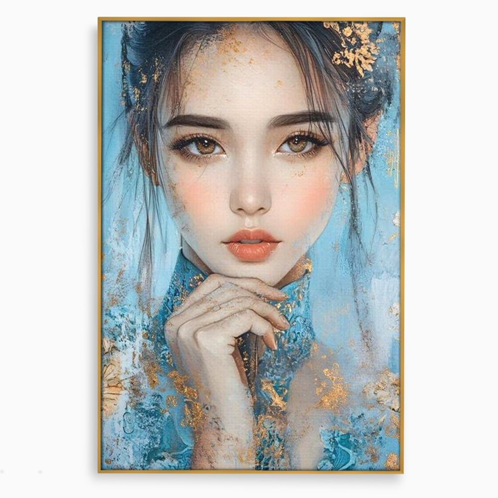 Tablou canvas cu tablou canvas cu chip de femeie, in rama de aluminiu auriu